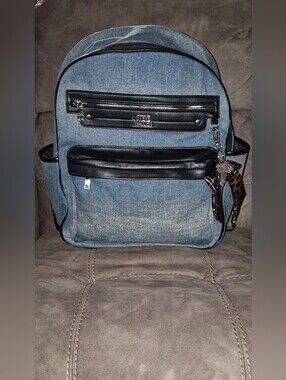 NWT Steve Madden Bsheri Washed Denim Large Backpack Bag + Leopard Bow Charm